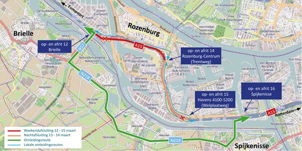 Weekendafsluiting A15 bij Rozenburg, 12-15 maart